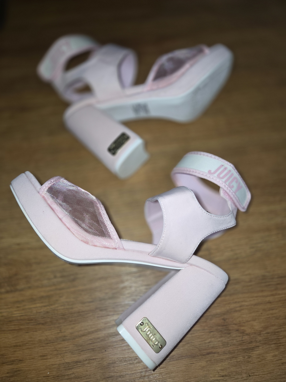 Juicy Couture Light Pink Mesh Strap Block Heel Sandals
